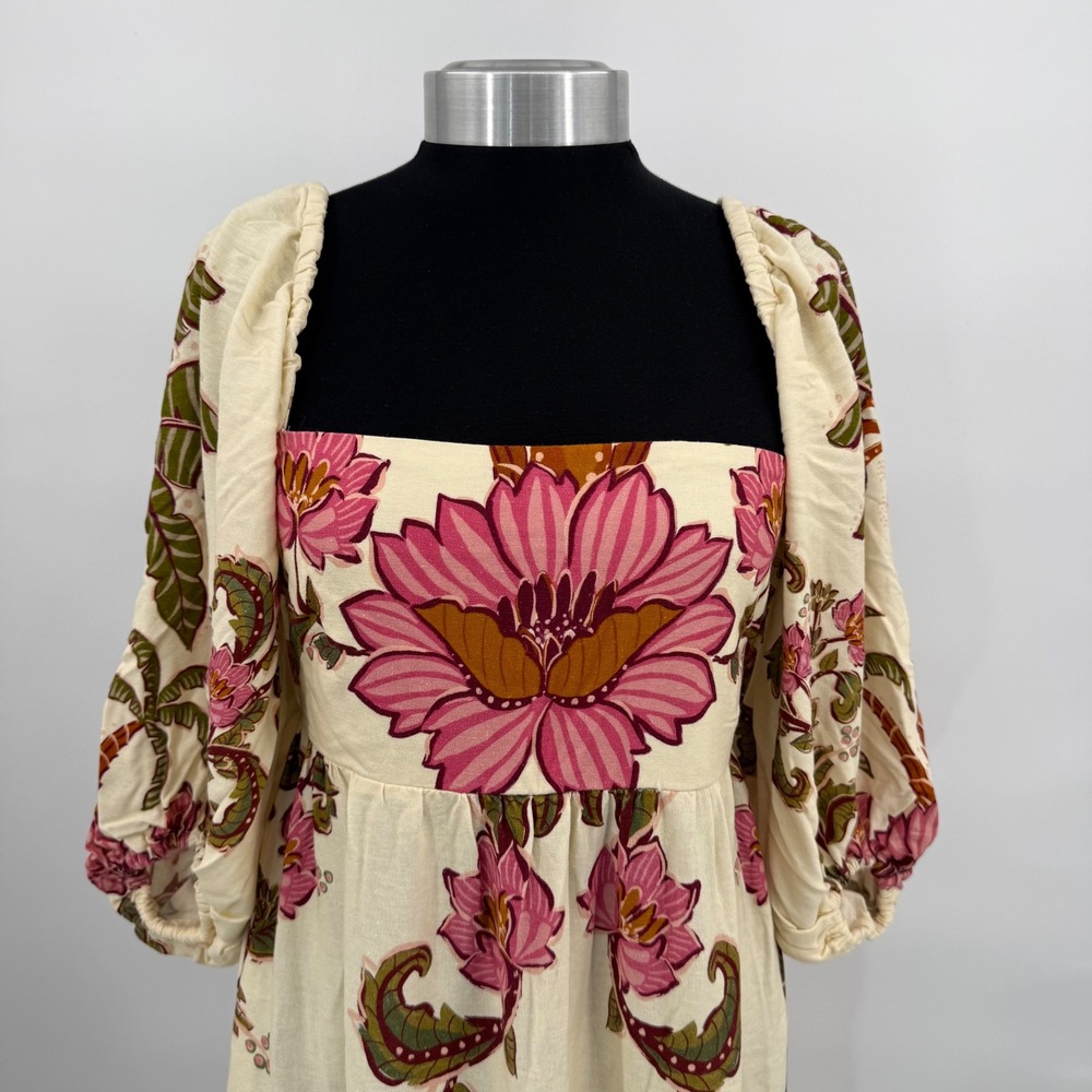 Farm Rio Tropical Floral Palm Tree Puff Sleeve Maxi Dress Cream Pink Green Small - Picture 13 of 16